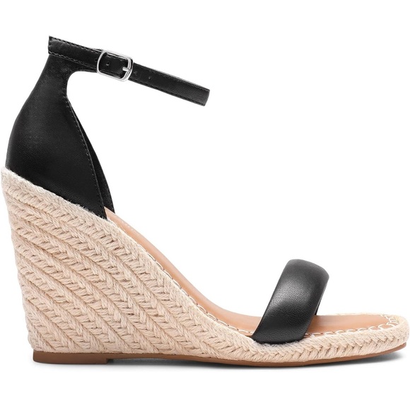 NWT Black Open Toe Wedge Espadrilles Ankle Strap Size 8 - Picture 7 of 9